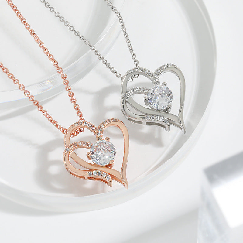 Heart-Shaped Zircon Necklace with Rhinestones – Double Love Pendant
