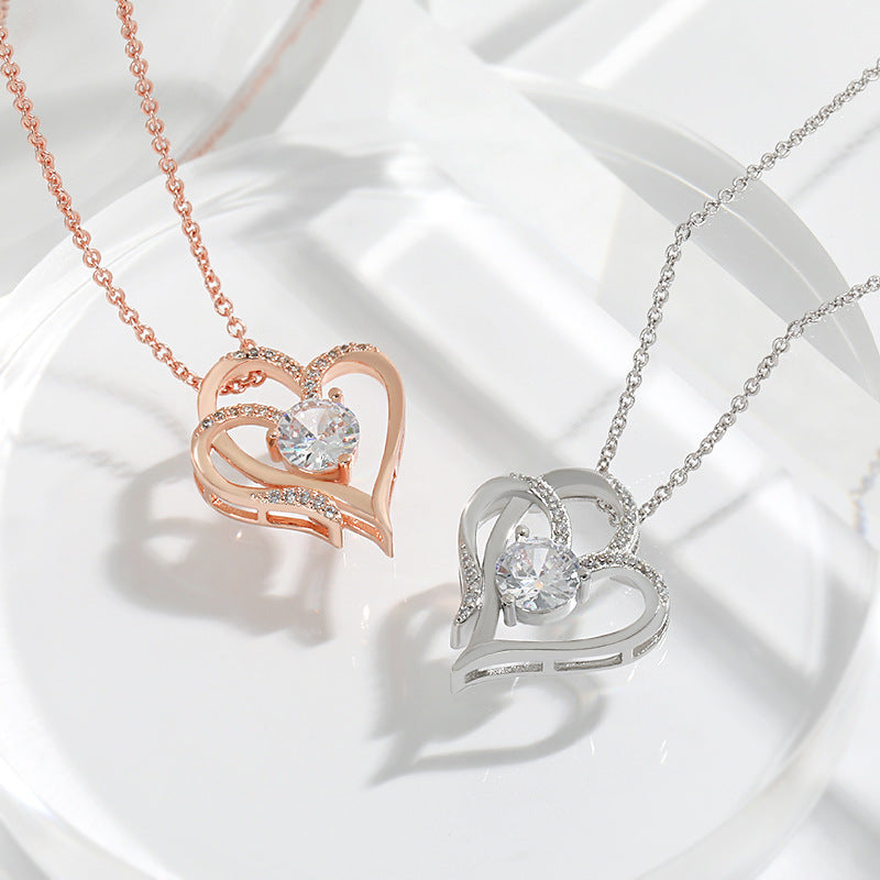 Heart-Shaped Zircon Necklace with Rhinestones – Double Love Pendant