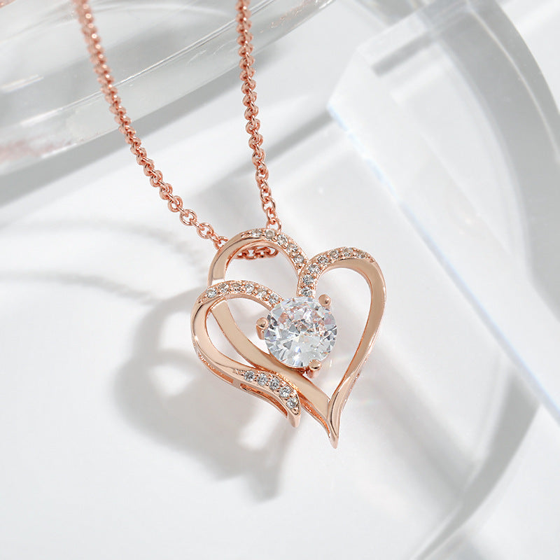 Heart-Shaped Zircon Necklace with Rhinestones – Double Love Pendant
