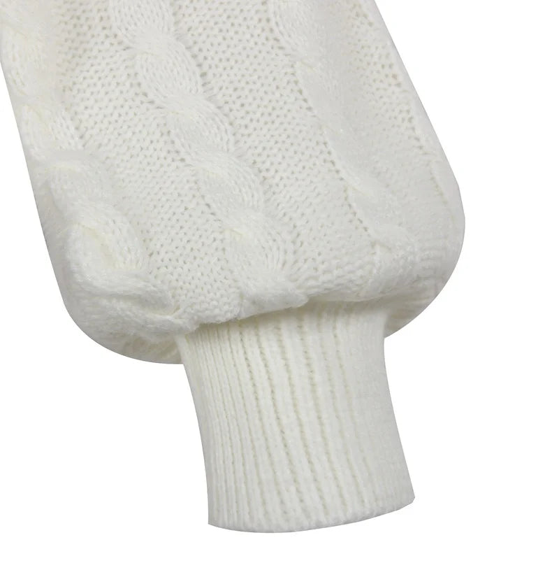 V-Neck Twist-Knit Sweater with Lace-Up Waist and Lantern Sleeves