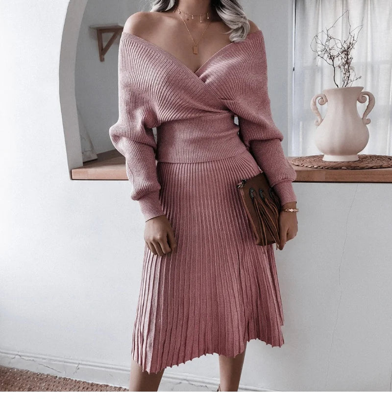 Cozy Off-The-Shoulder Knitted Set - Two-Piece Elegance