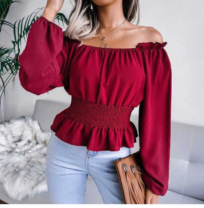 Off-Shoulder Ruffled Chiffon Blouse