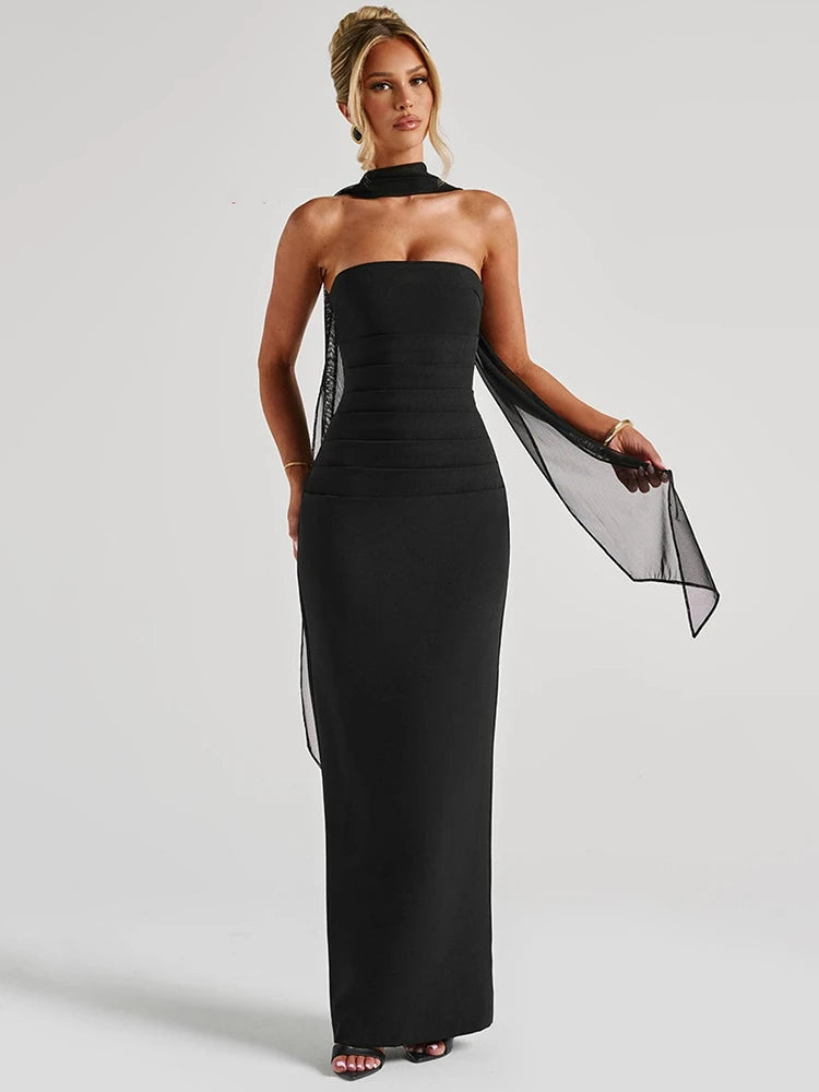 Scarf Collar Off-Shoulder Maxi Dress