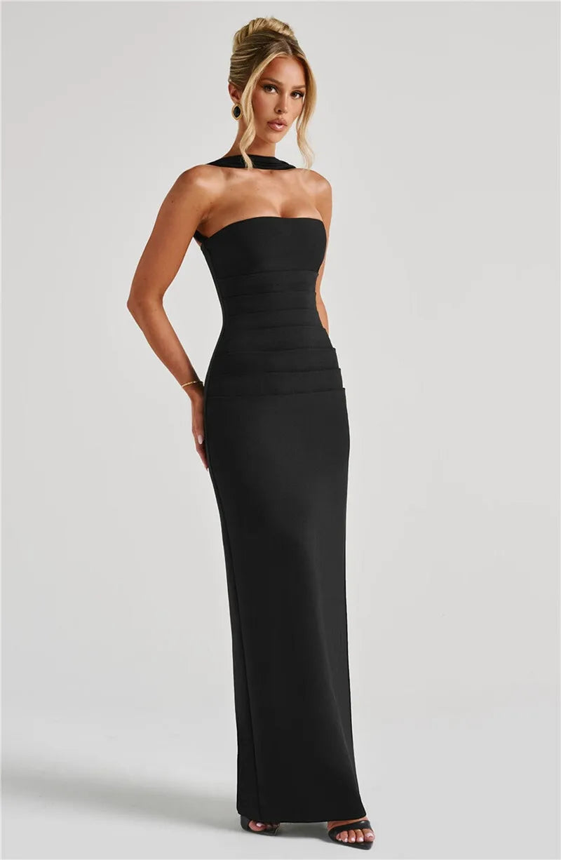 Scarf Collar Off-Shoulder Maxi Dress