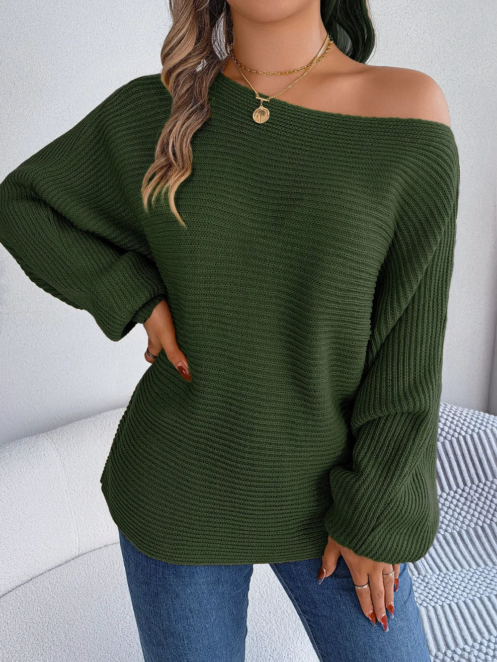 Off-the-Shoulder Loose Knitted Sweater