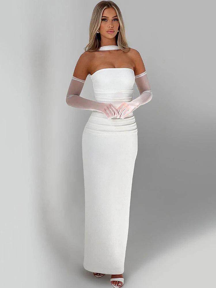 Scarf Collar Off-Shoulder Maxi Dress