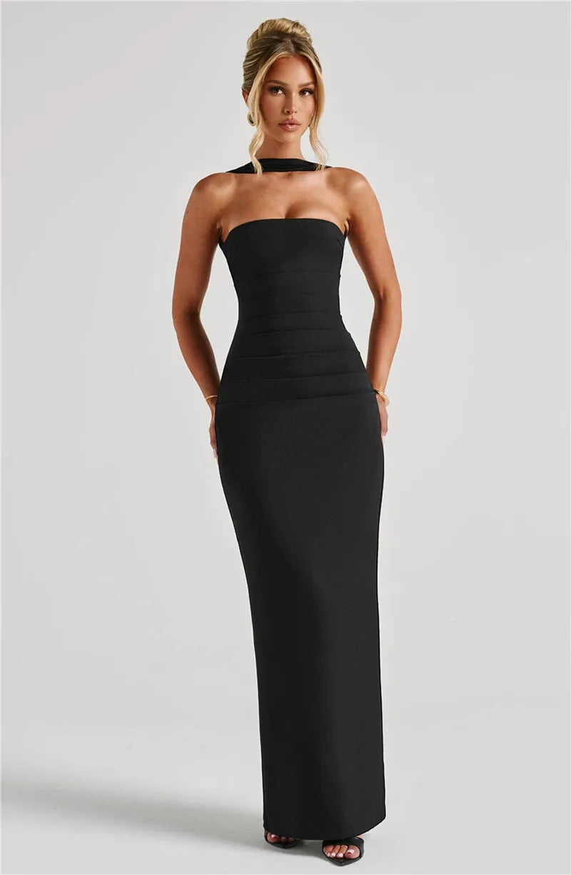 Scarf Collar Off-Shoulder Maxi Dress