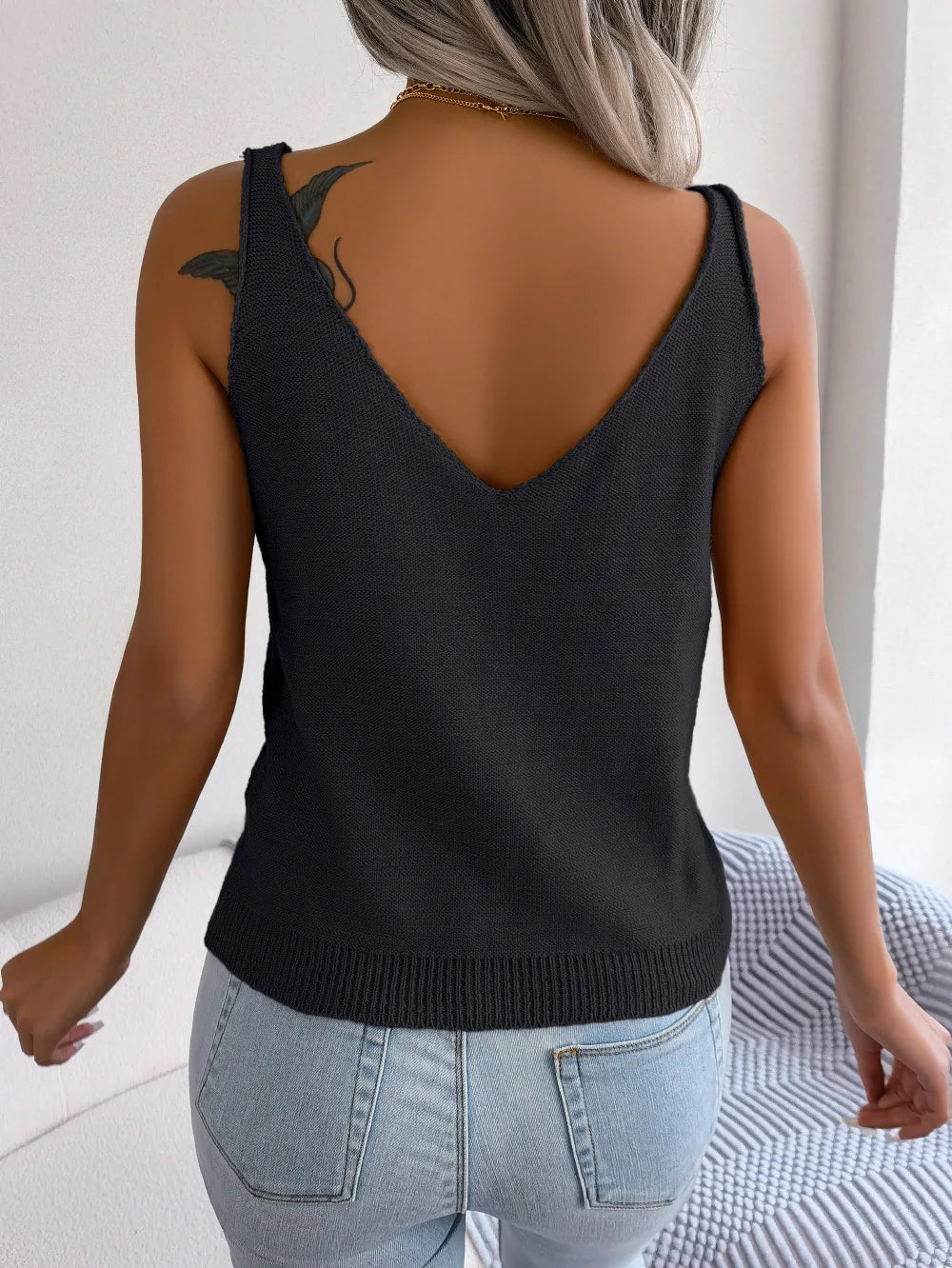Lightweight V-Neck Hollow Knit Tank Top in Soft Open Weave