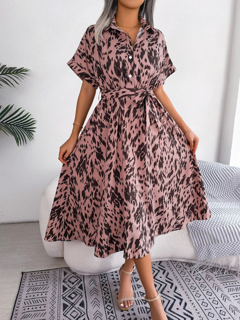 Leopard Print Lace-Up Shirt Dress