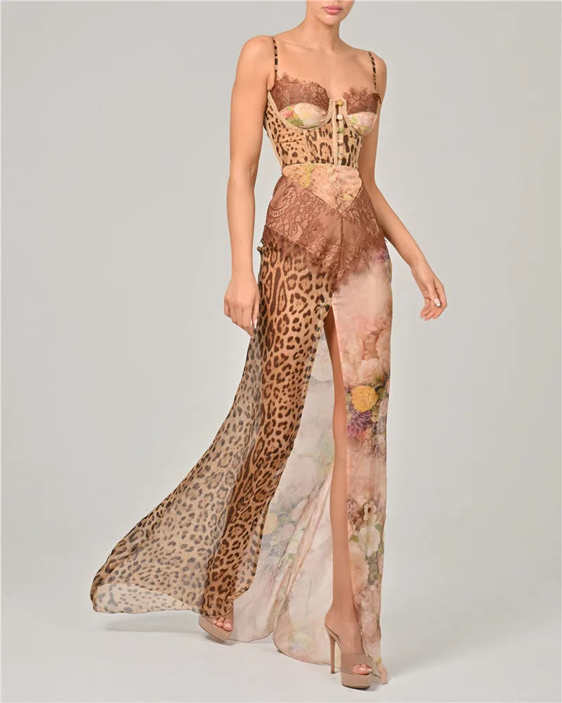 Leopard Print Lace Maxi Dress