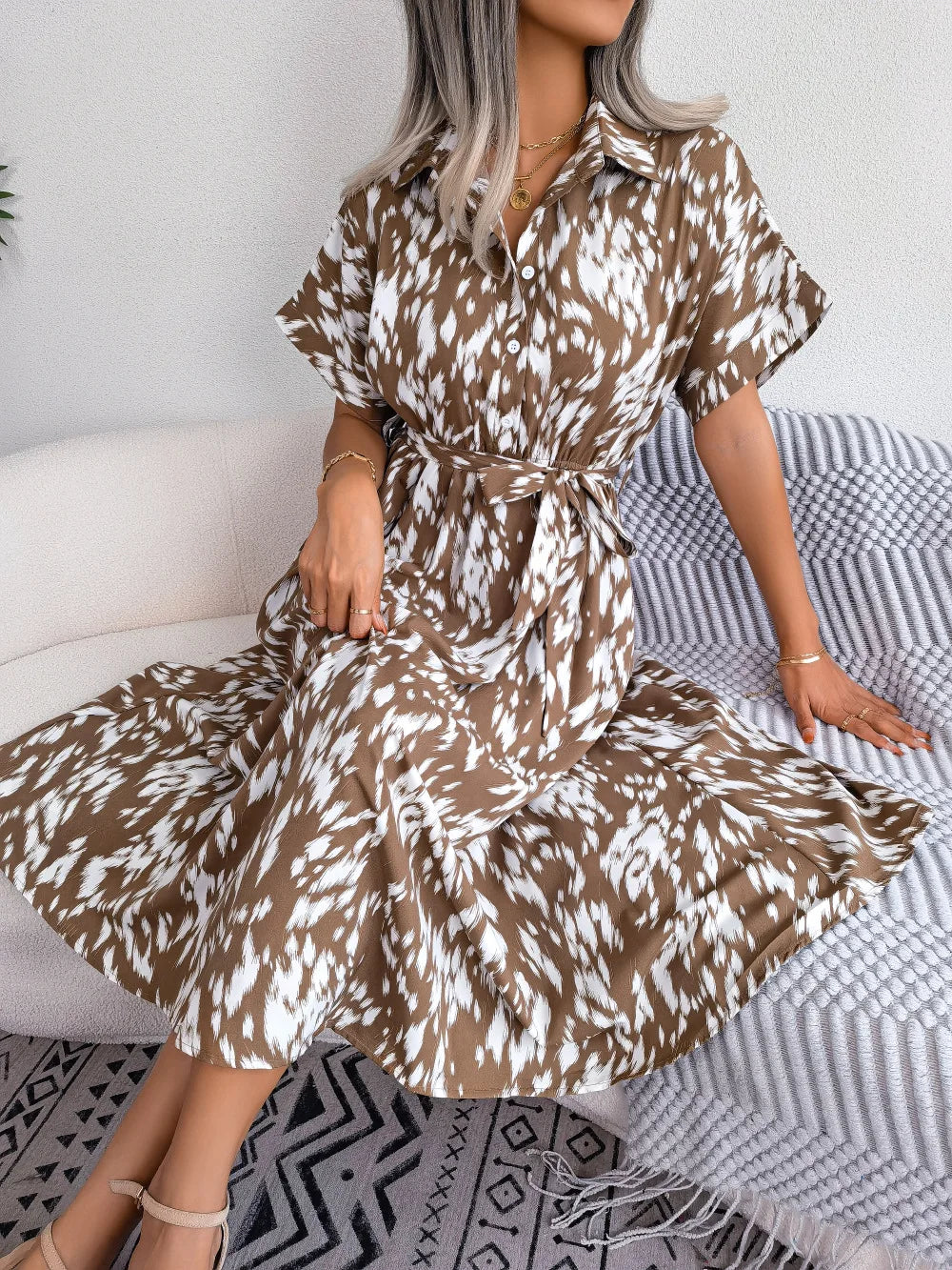 Leopard Print Lace-Up Shirt Dress