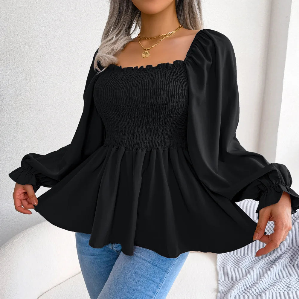 Square Neck Chiffon Blouse – Women's Long Sleeve Ruffle Top, Lightweight & Elegant Casual Wear