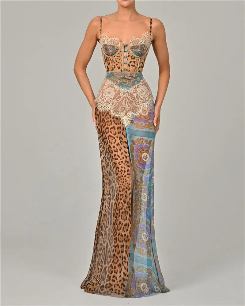 Leopard Print Lace Maxi Dress