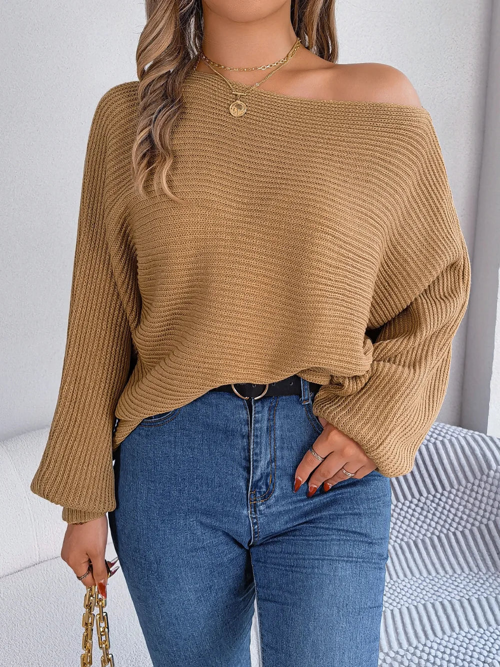 Off-the-Shoulder Loose Knitted Sweater