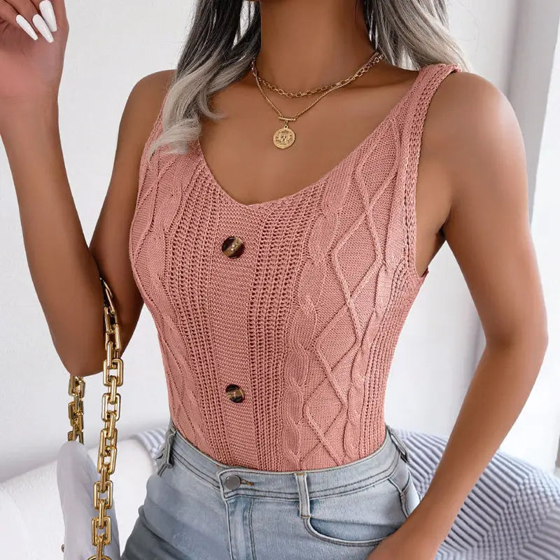 Soft Knit V-Neck Twist Detail Top with Button Accents