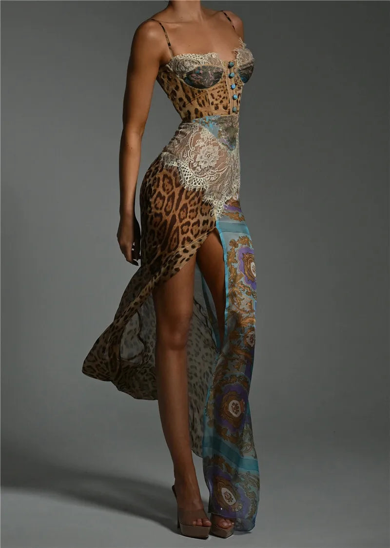 Leopard Print Lace Maxi Dress