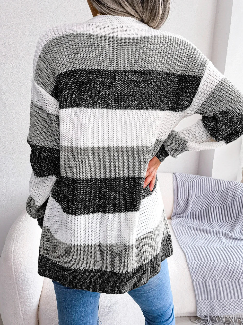 Contrast Stripe Knit Cardigan with Lantern Sleeves