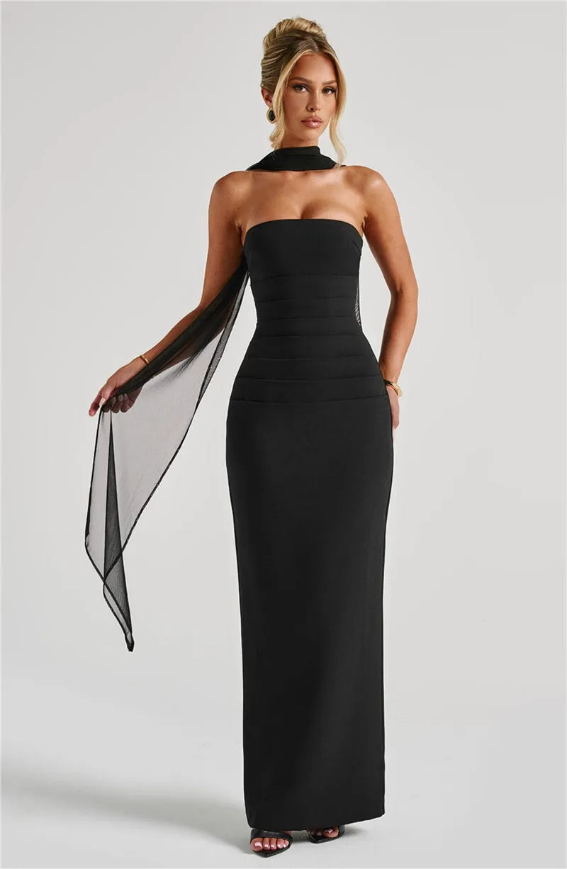 Scarf Collar Off-Shoulder Maxi Dress