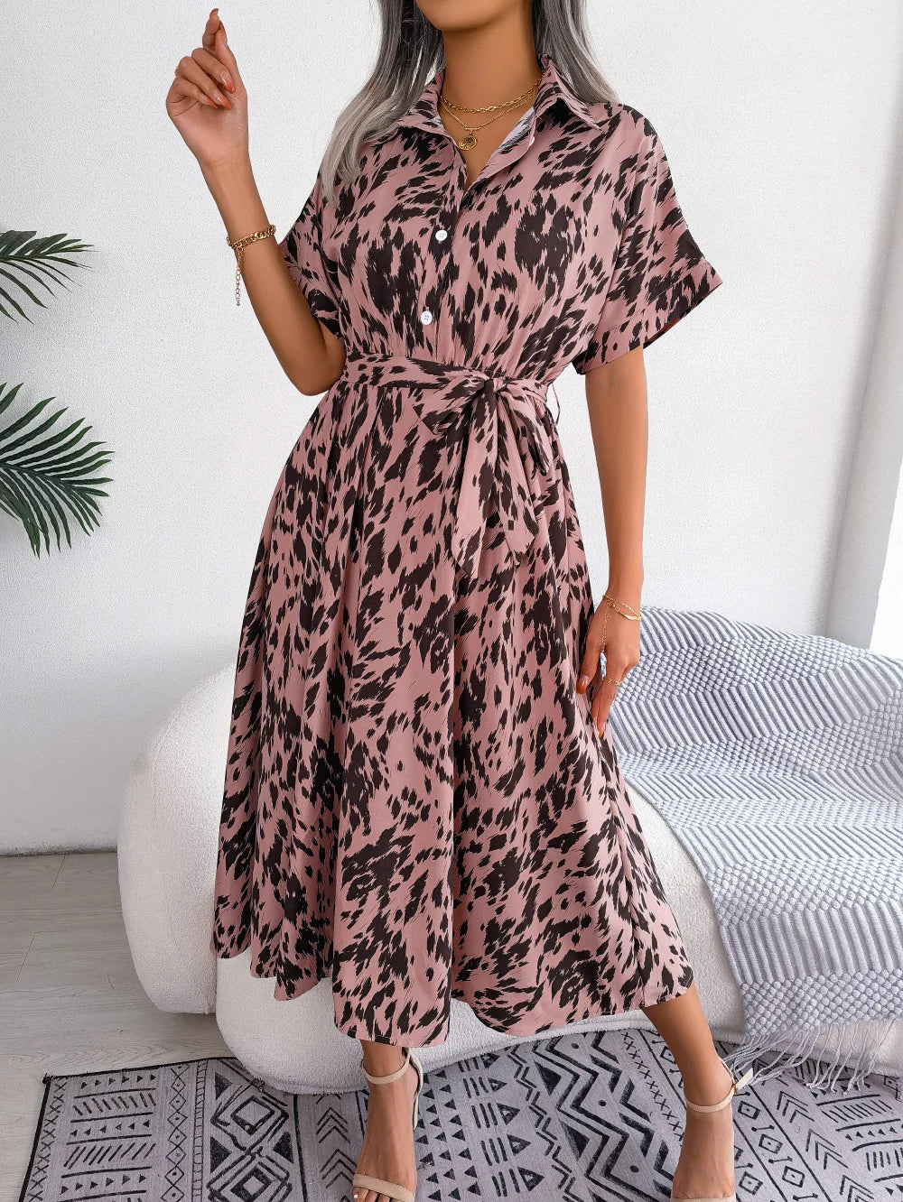 Leopard Print Lace-Up Shirt Dress