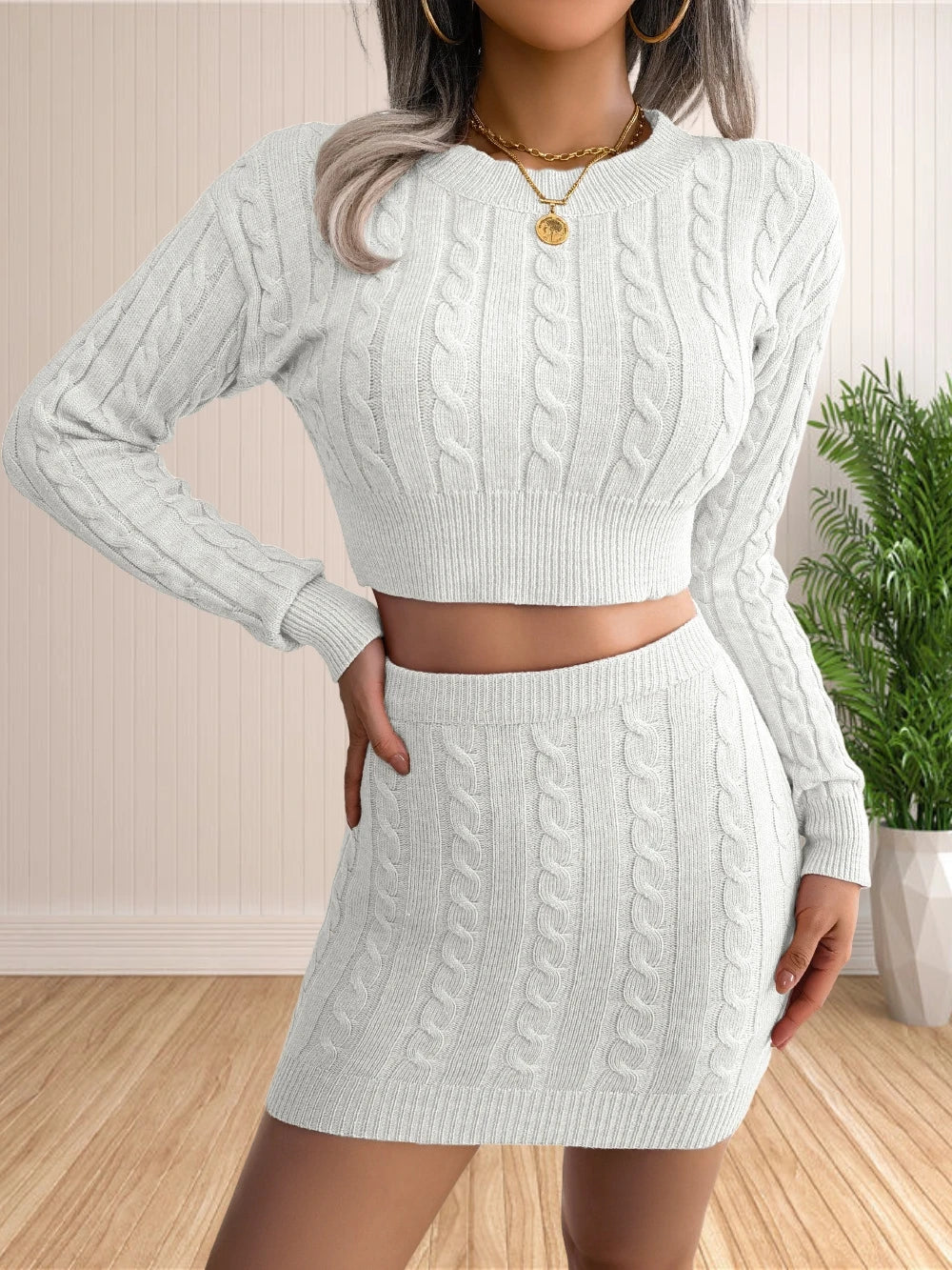 Cable Knit Crop and Skirt Set