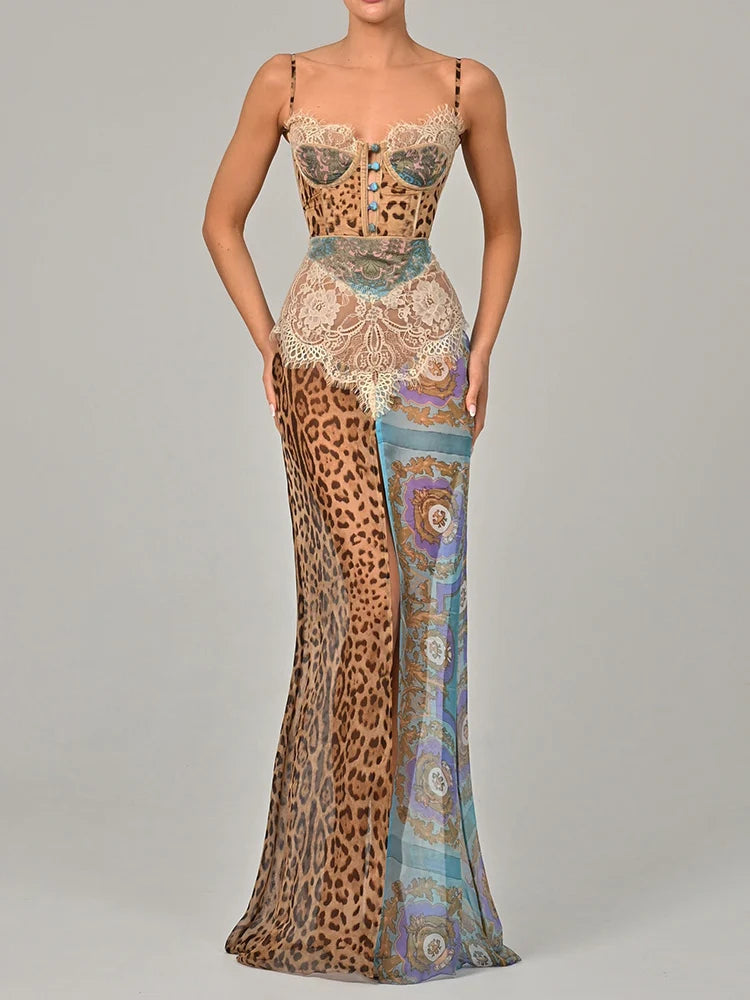 Leopard Print Lace Maxi Dress