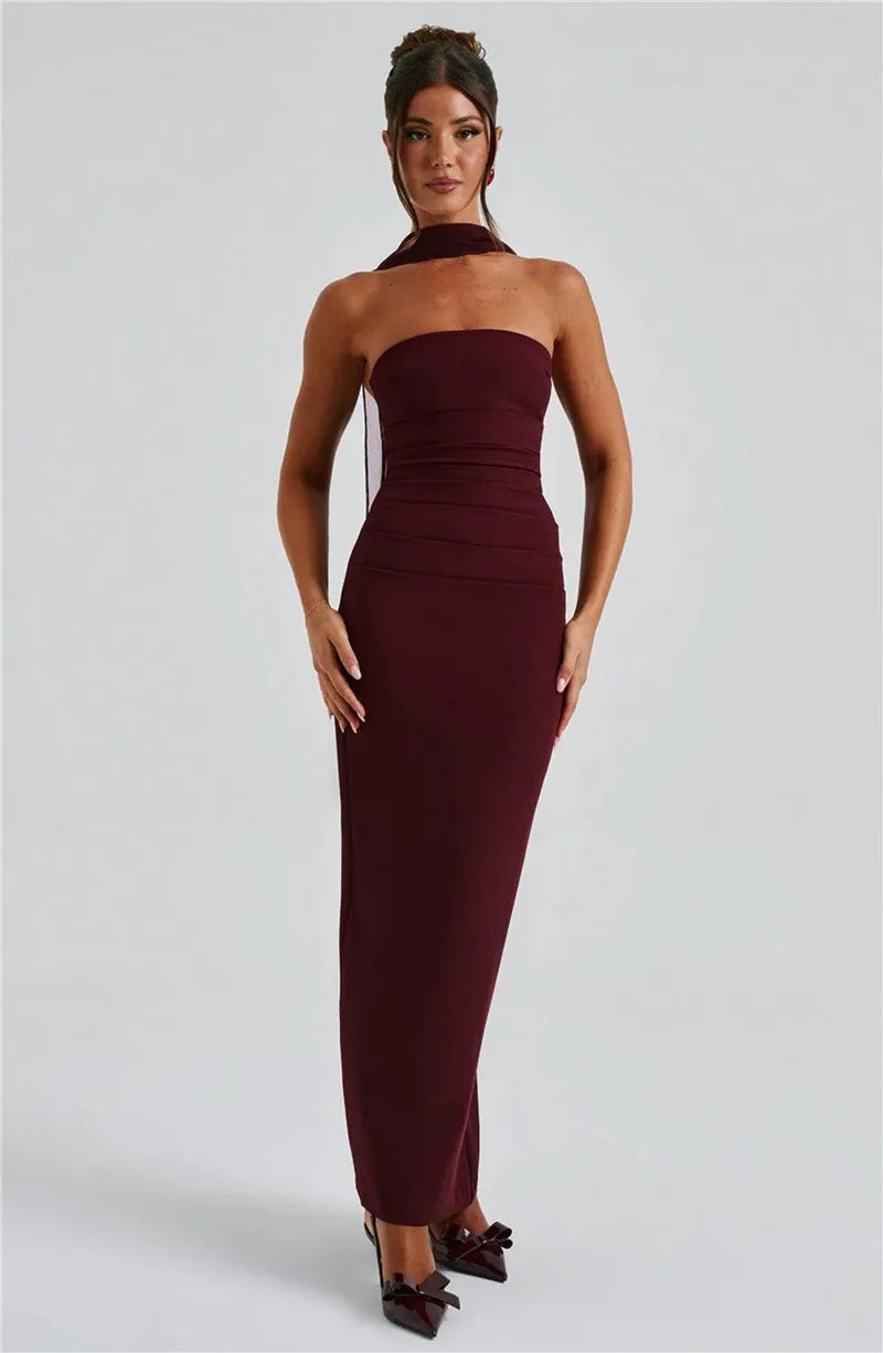 Scarf Collar Off-Shoulder Maxi Dress