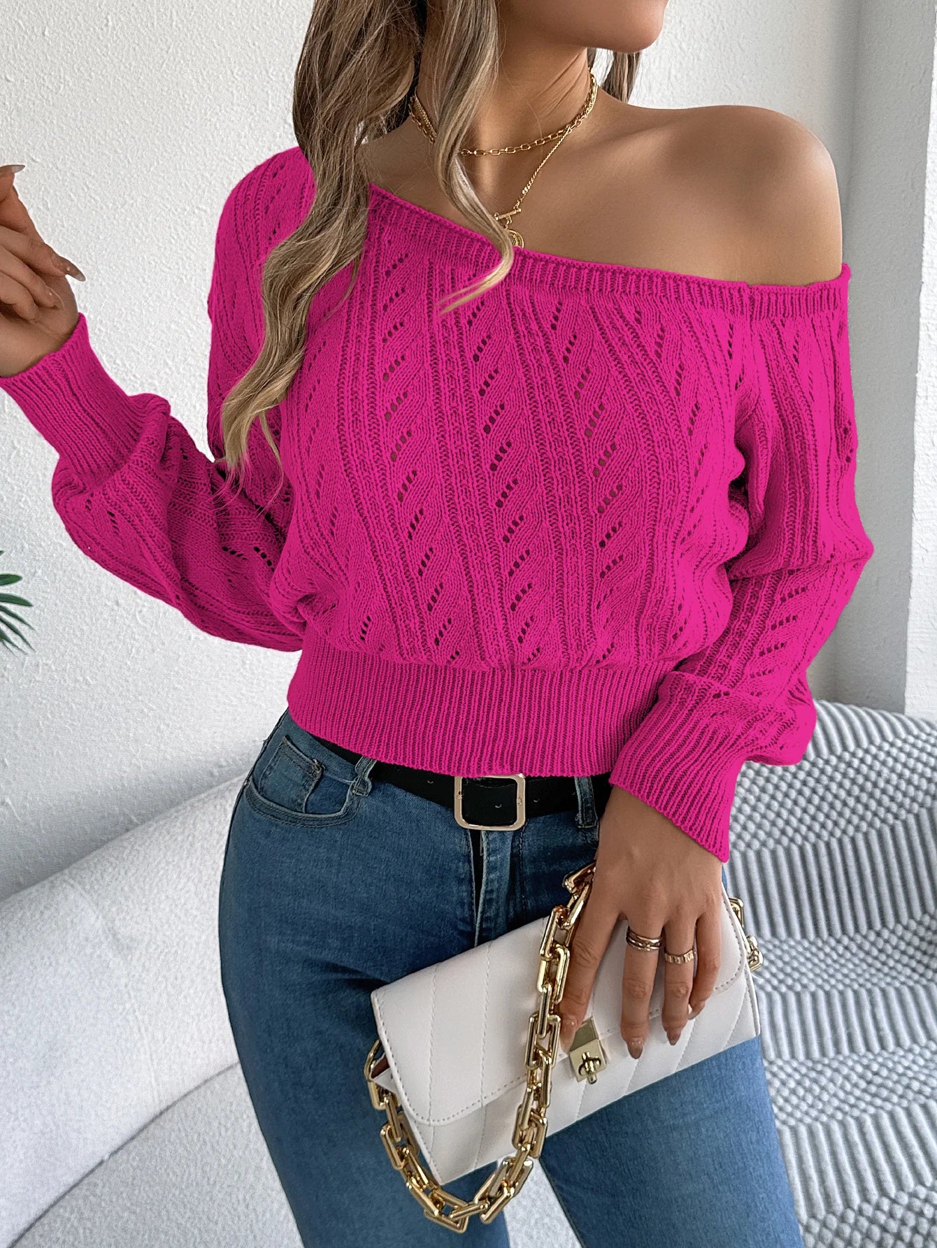 Off-Shoulder Knit Pullover Sweater
