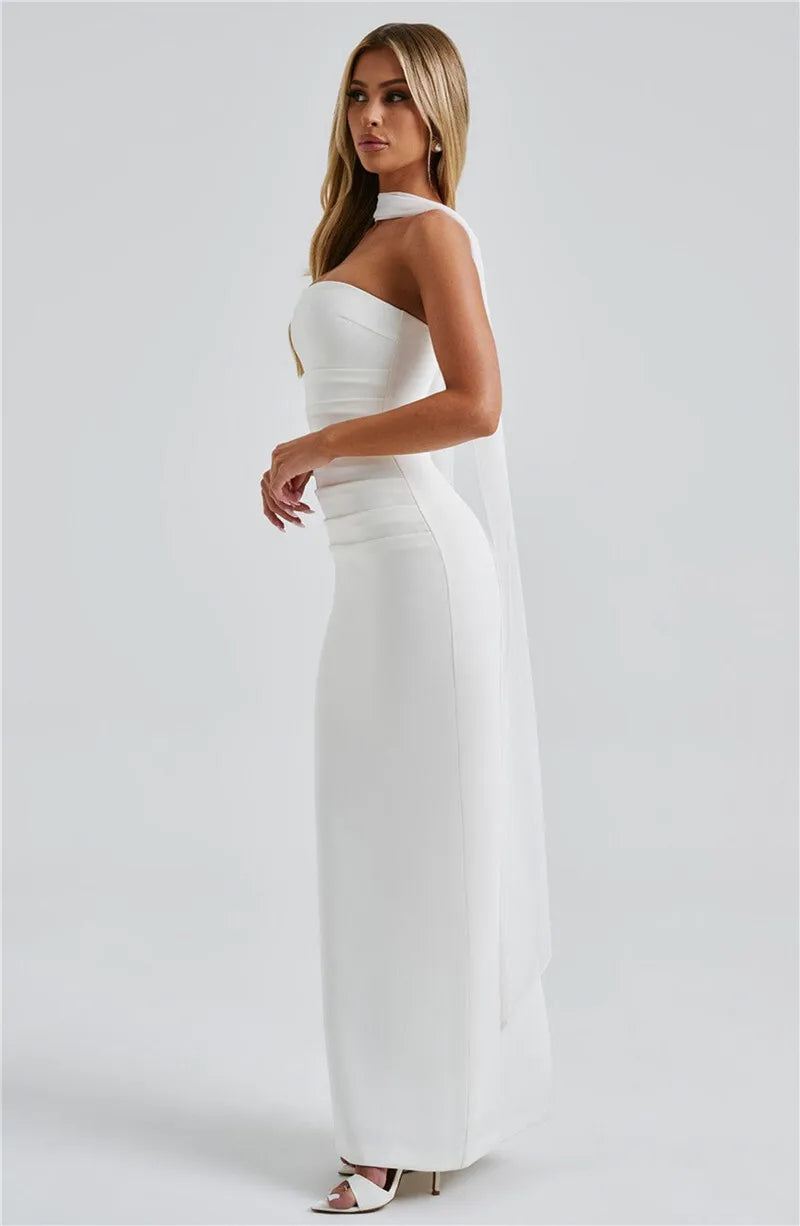 Scarf Collar Off-Shoulder Maxi Dress