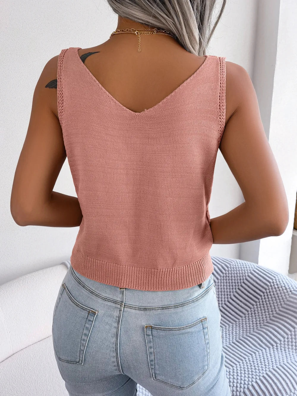 Soft Knit V-Neck Twist Detail Top with Button Accents