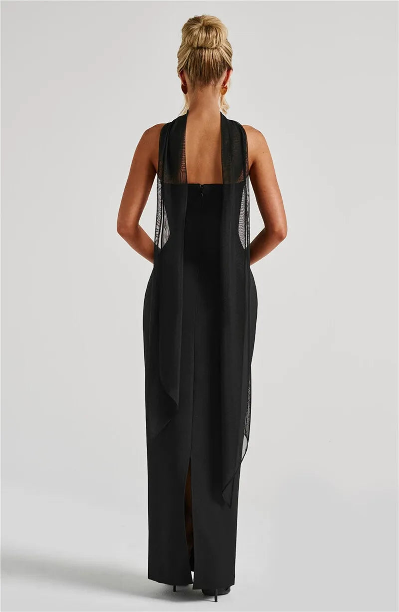 Scarf Collar Off-Shoulder Maxi Dress
