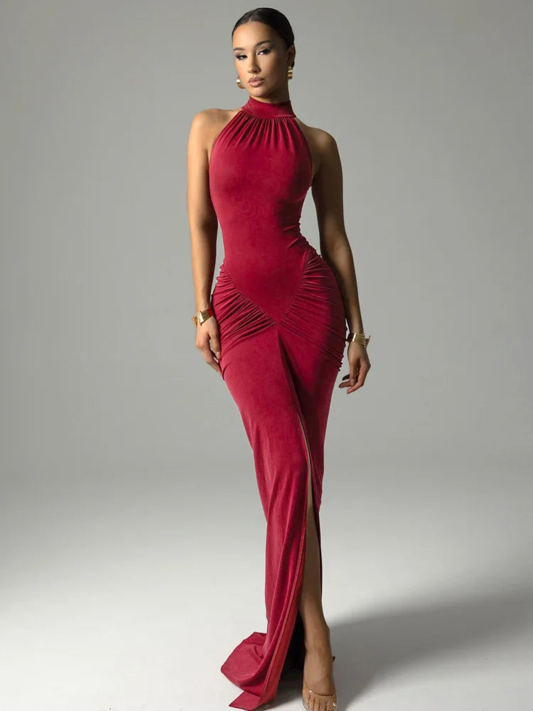 Halter Ruched Maxi Dress