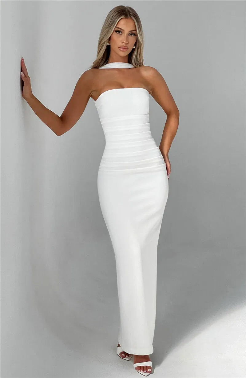 Scarf Collar Off-Shoulder Maxi Dress