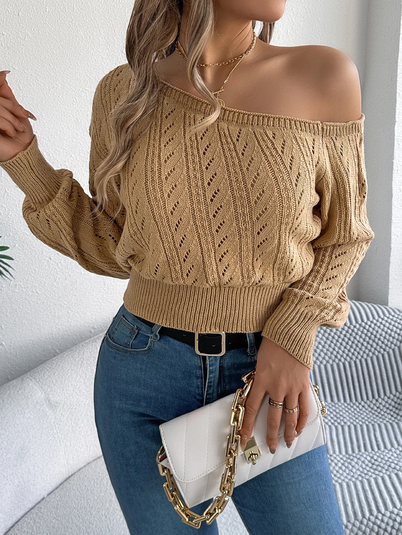 Off-Shoulder Knit Pullover Sweater