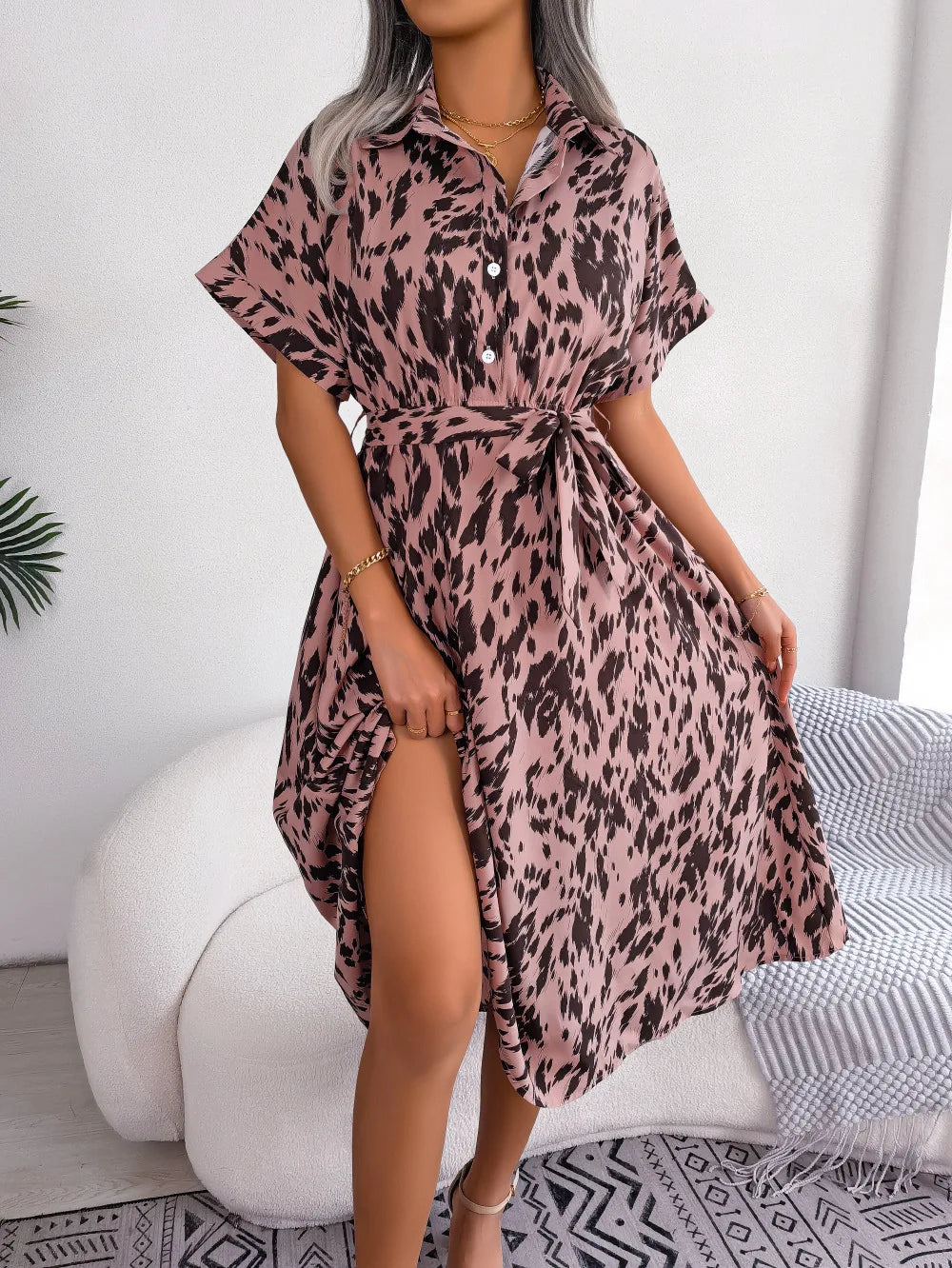 Leopard Print Lace-Up Shirt Dress