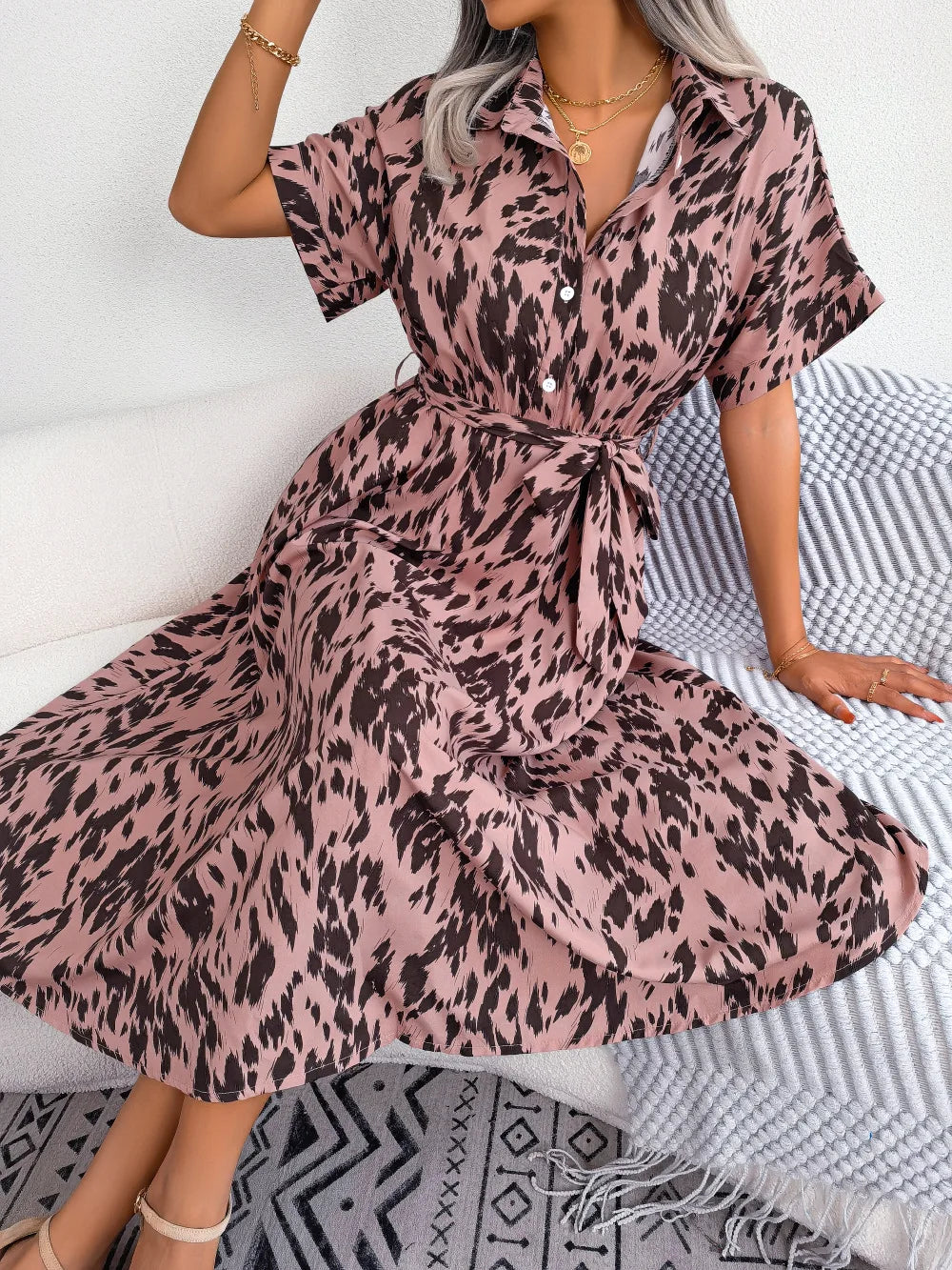 Leopard Print Lace-Up Shirt Dress