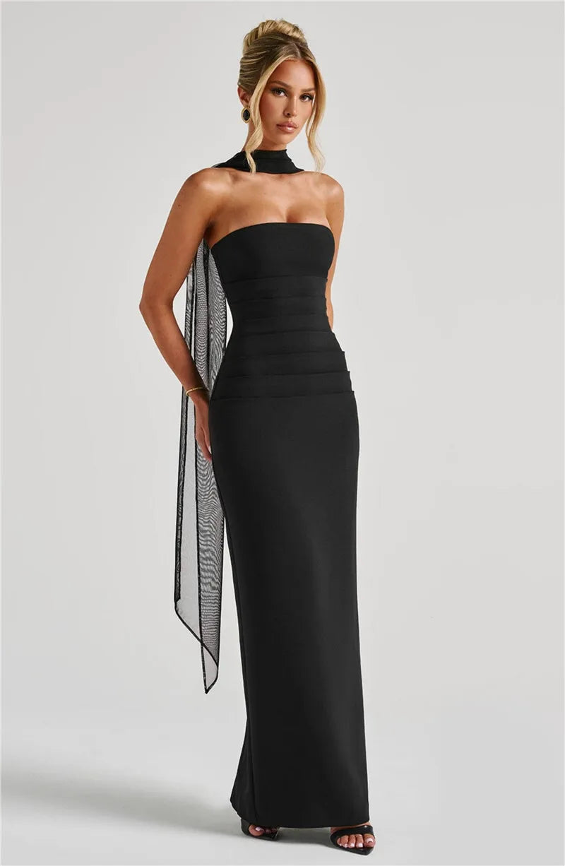 Scarf Collar Off-Shoulder Maxi Dress