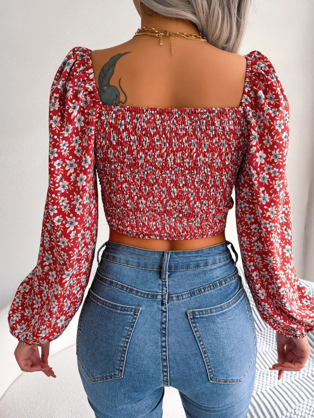 Square-Neck Chiffon Crop Blouse with Wooden Strap Detail