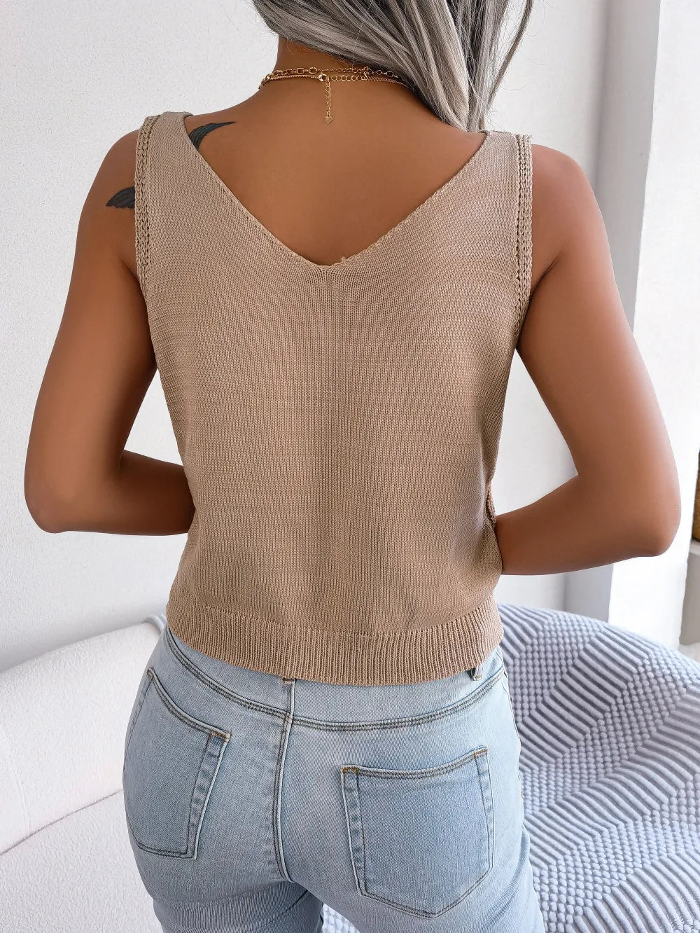 Soft Knit V-Neck Twist Detail Top with Button Accents