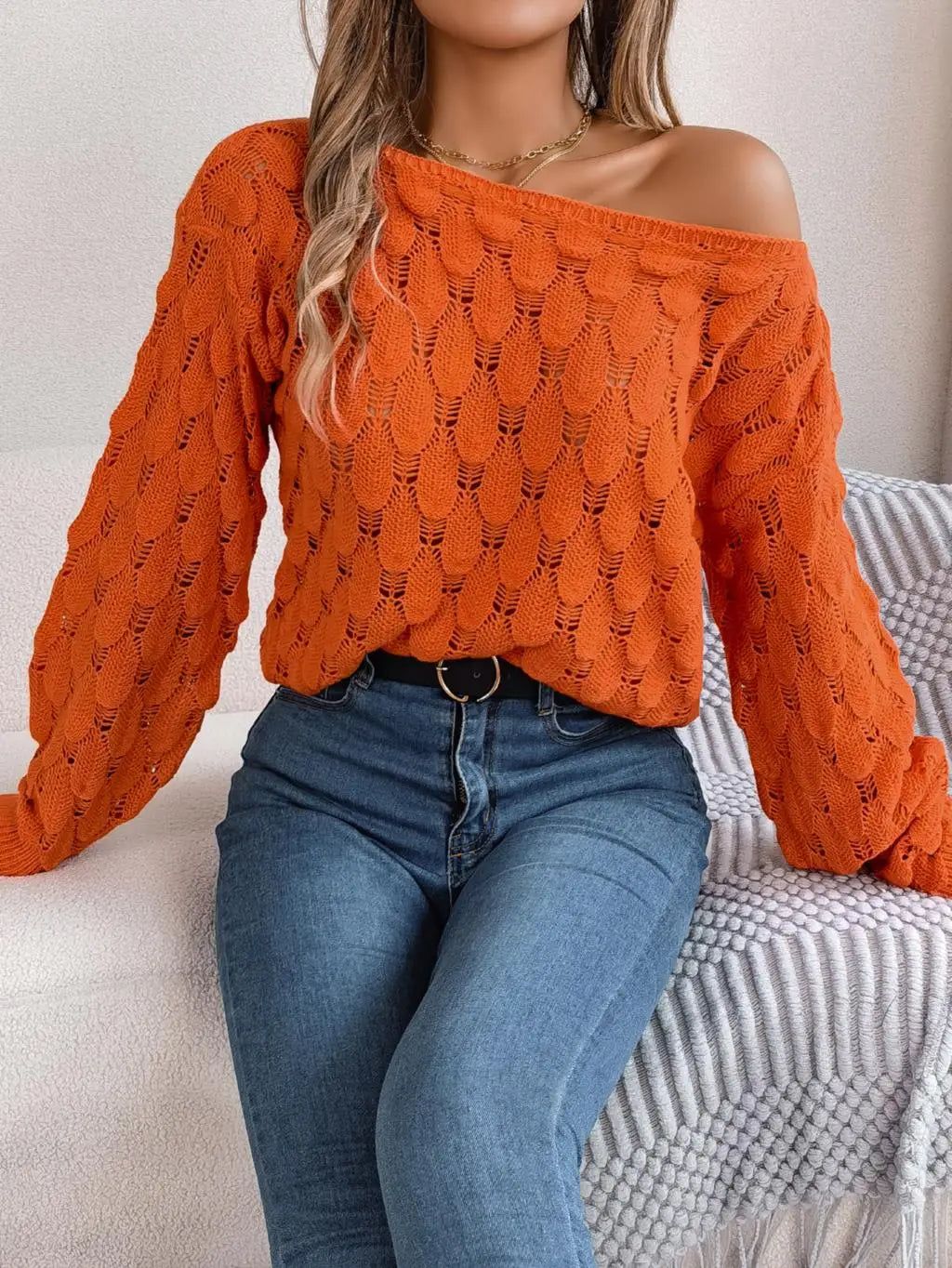 Off-Shoulder Feather Knit Sweater with Lantern Sleeves