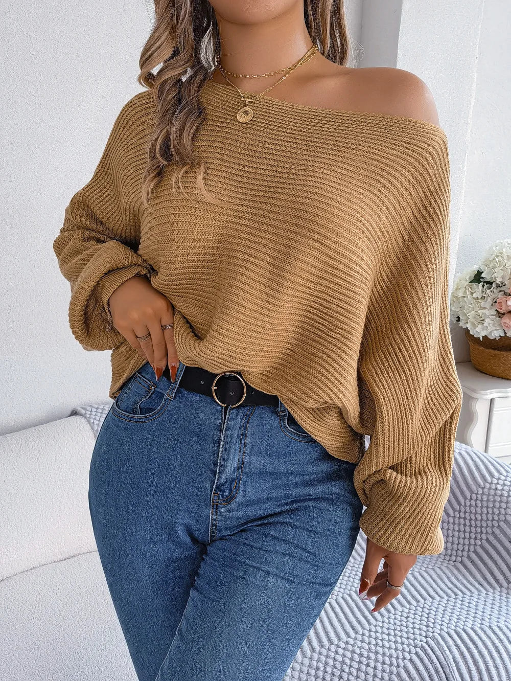 Off-the-Shoulder Loose Knitted Sweater
