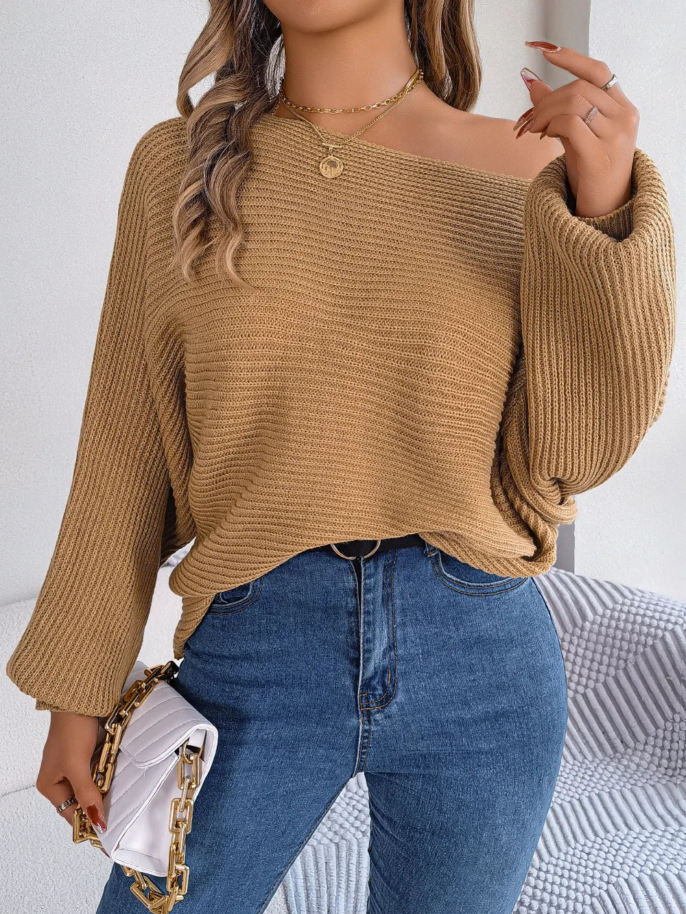 Off-the-Shoulder Loose Knitted Sweater