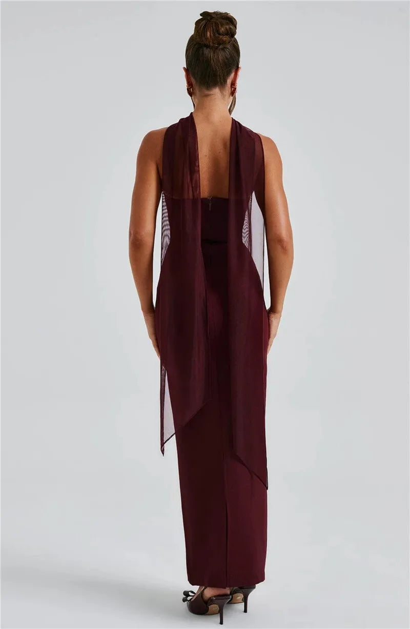 Scarf Collar Off-Shoulder Maxi Dress