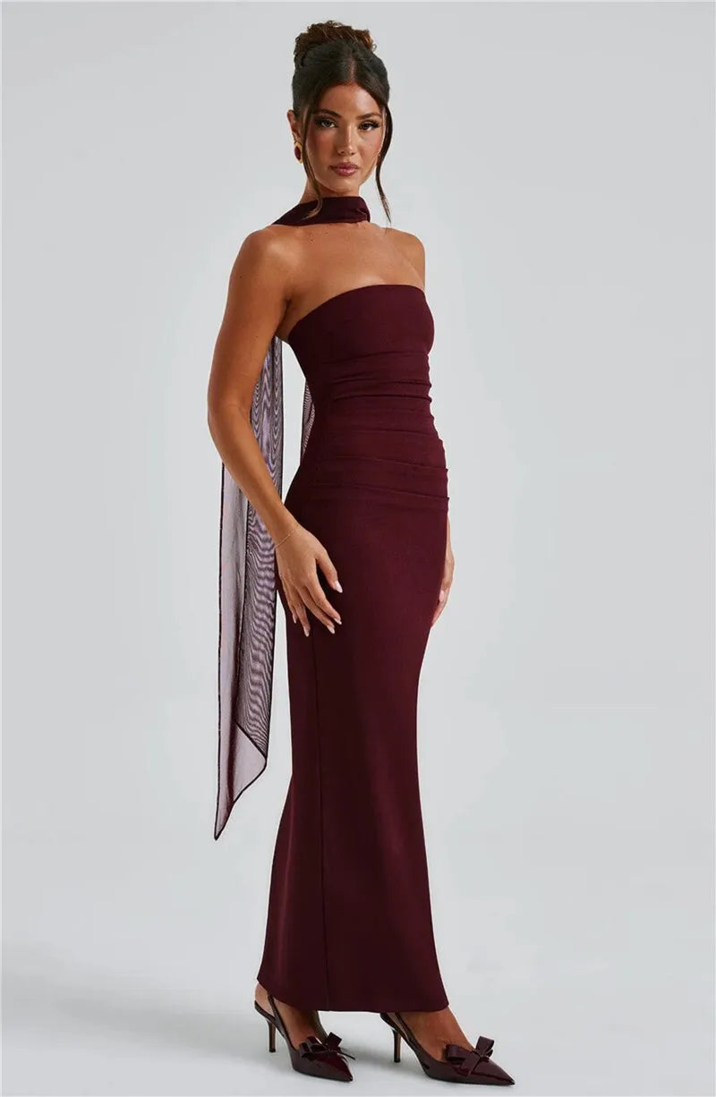 Scarf Collar Off-Shoulder Maxi Dress
