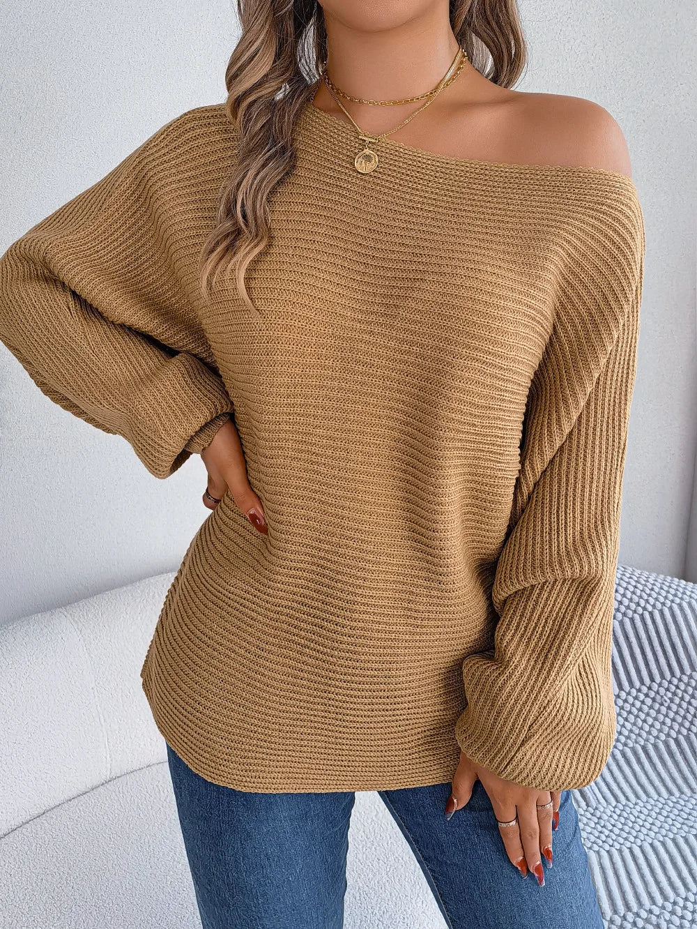 Off-the-Shoulder Loose Knitted Sweater