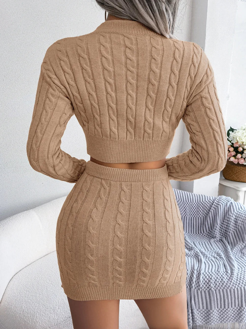 Knit Two-Piece Set – Twist-Knit Crop Sweater & High-Waist Skirt, Women's Slim Fit Winter Outfit