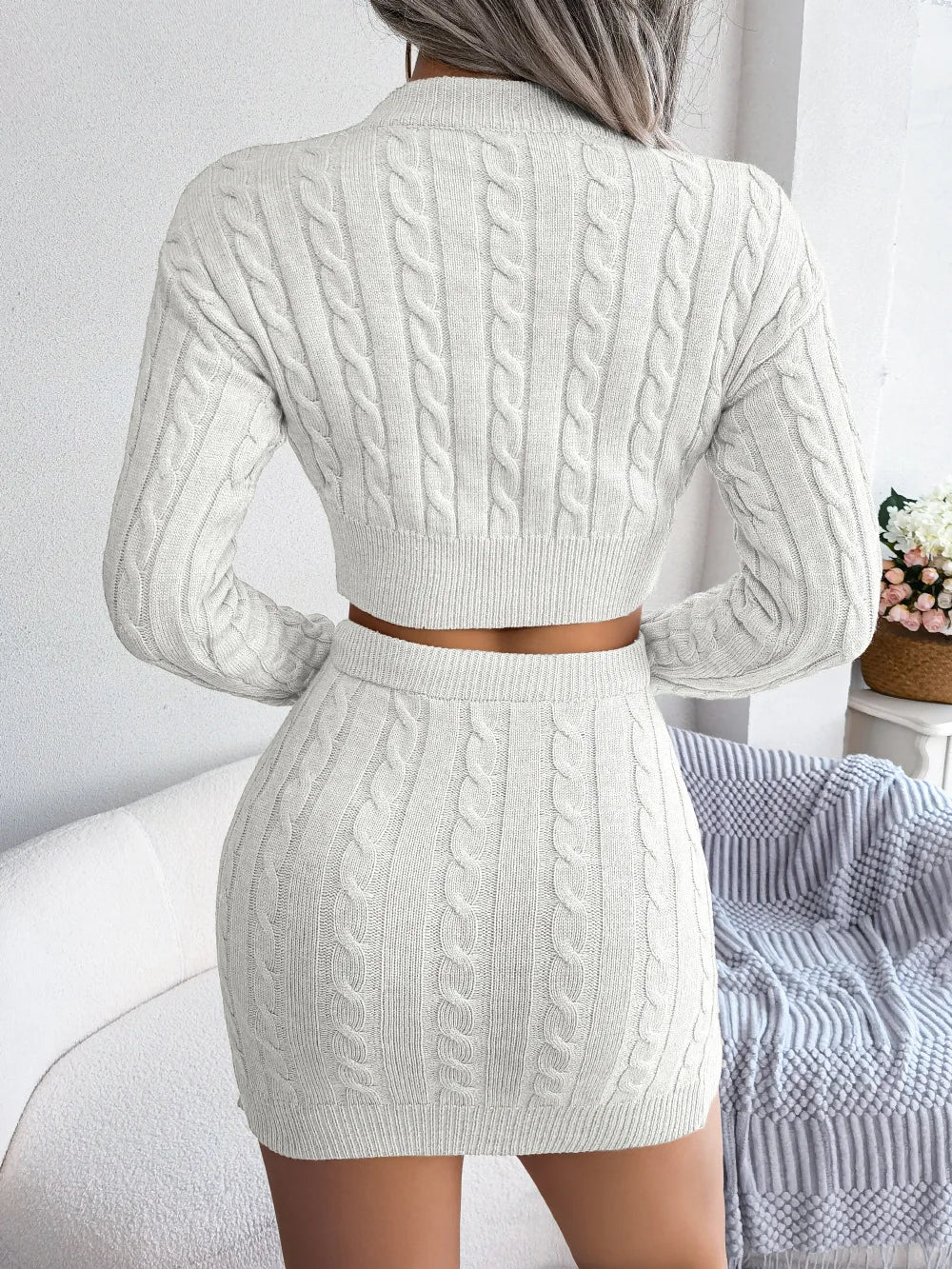 Knit Two-Piece Set – Twist-Knit Crop Sweater & High-Waist Skirt, Women's Slim Fit Winter Outfit