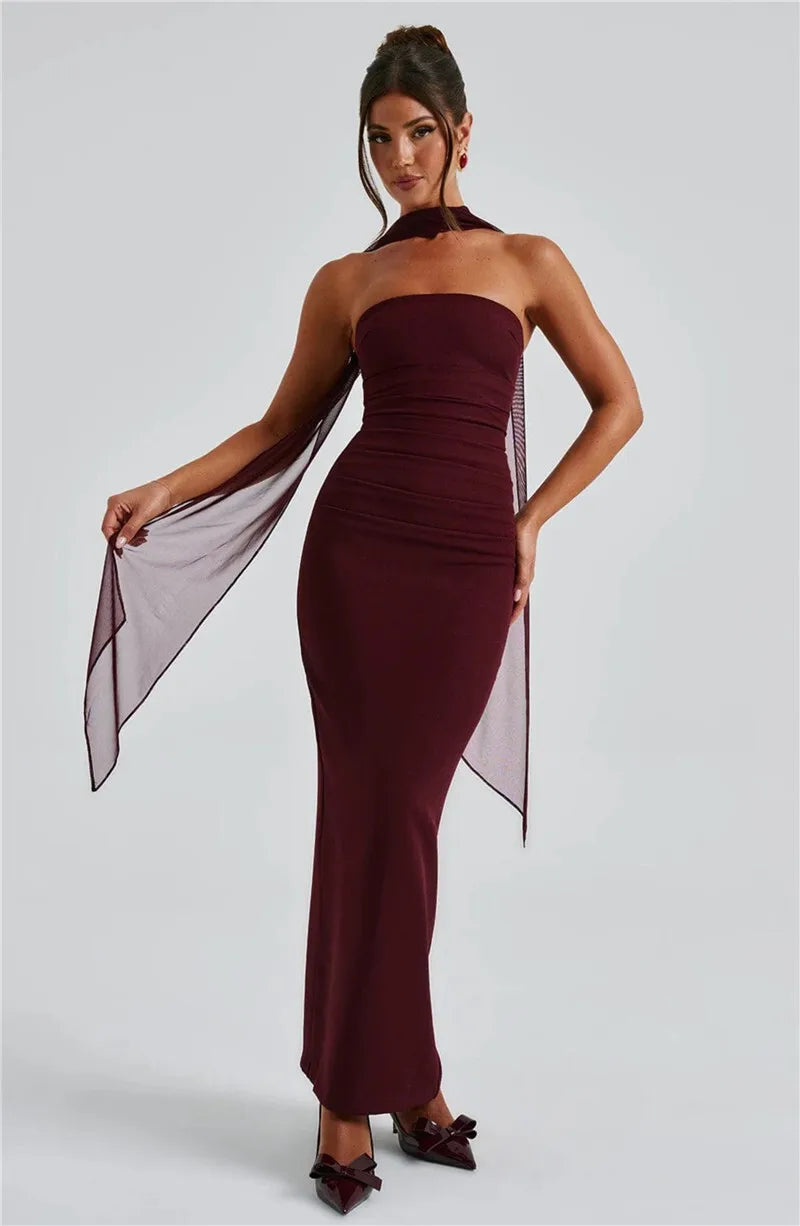 Scarf Collar Off-Shoulder Maxi Dress