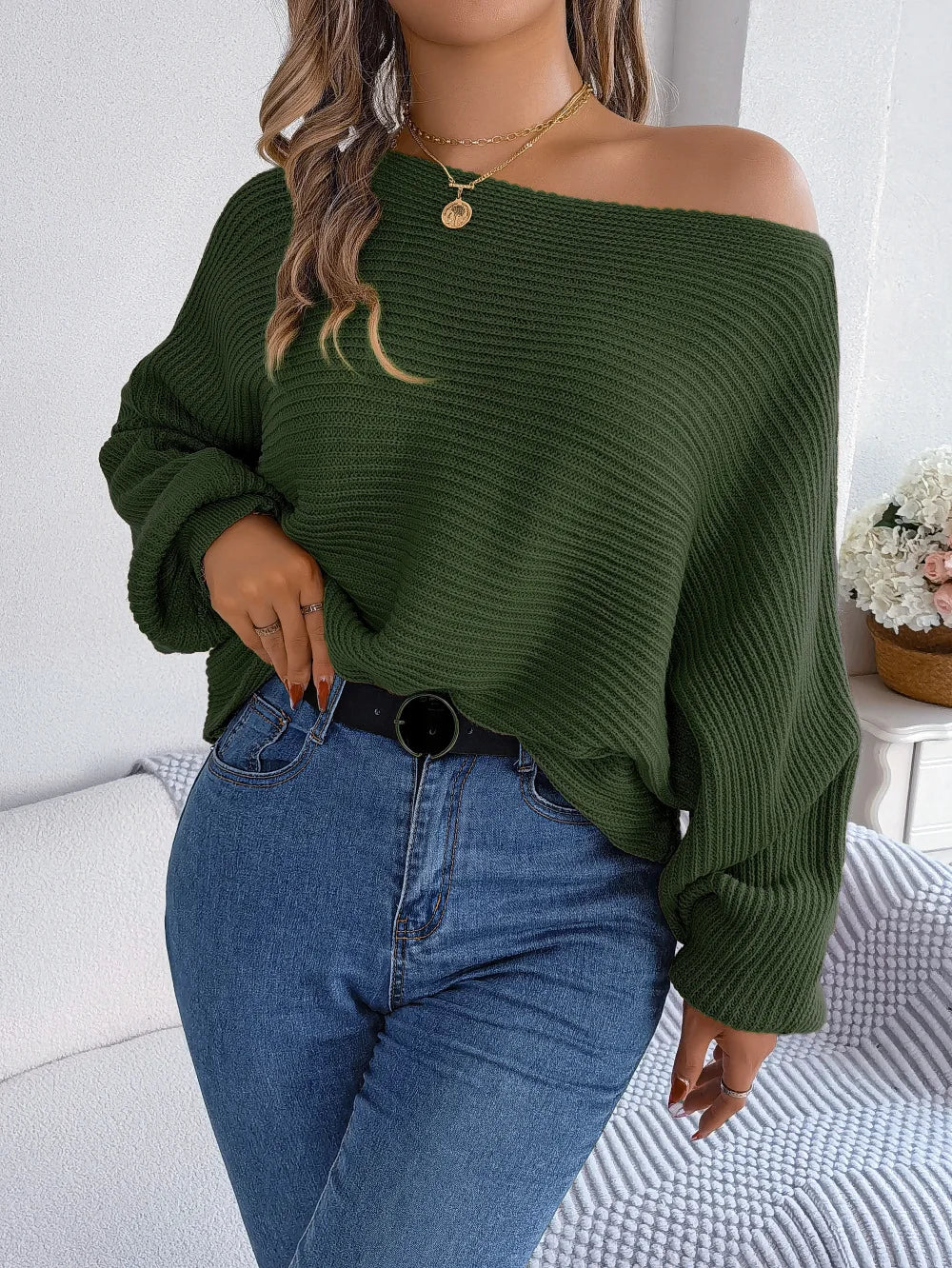 Off-the-Shoulder Loose Knitted Sweater