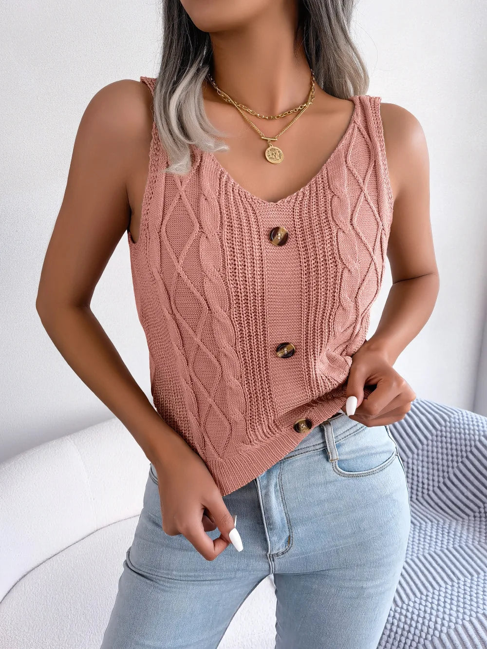 Soft Knit V-Neck Twist Detail Top with Button Accents