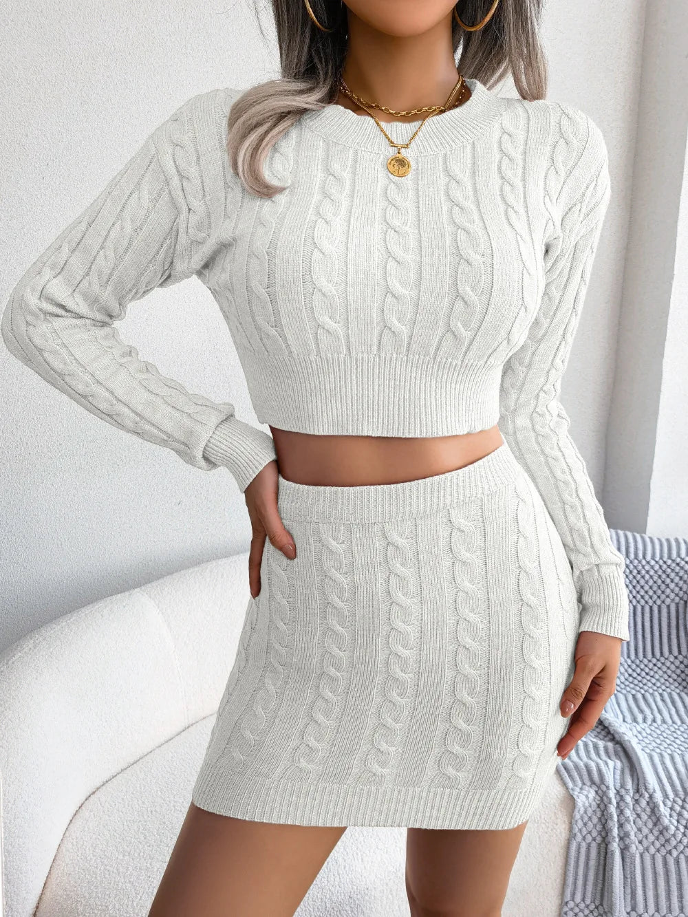 Knit Two-Piece Set – Twist-Knit Crop Sweater & High-Waist Skirt, Women's Slim Fit Winter Outfit
